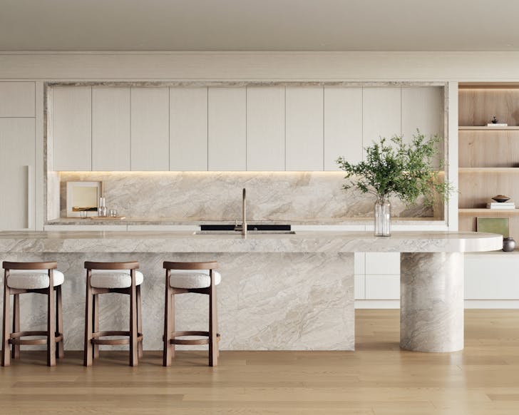 Modern luxury kitchen with marble island, wooden stools, and minimalist cabinetry featuring warm lighting and open shelving decor.