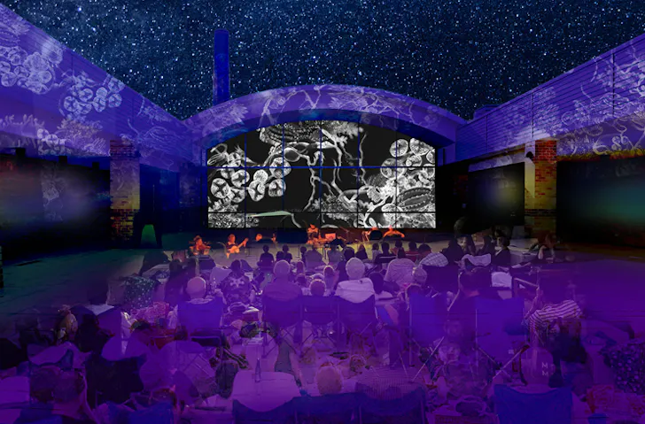 Artistic projections on a courtyard at night. 