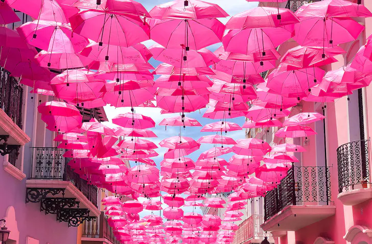 Pink umbrellas fill the rooftop over some sunny street in the med somewhere.