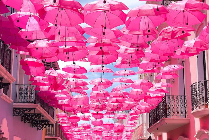 Pink umbrellas fill the rooftop over some sunny street in the med somewhere.