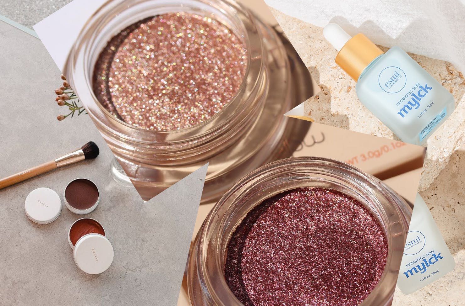 a collage of beauty products