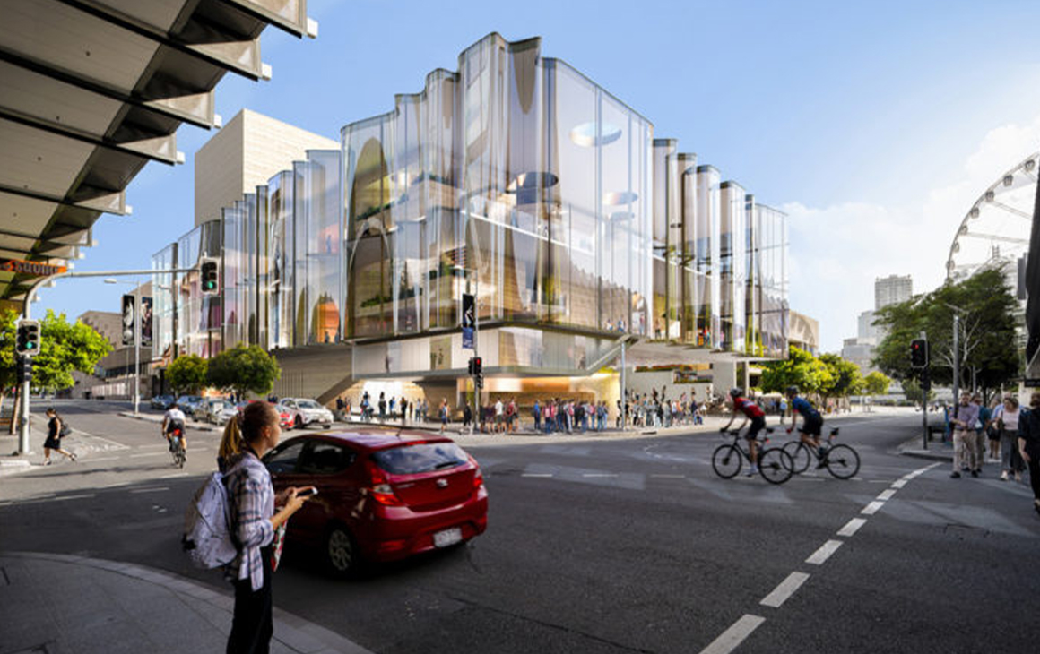 Artists impression of the new QPAC, with a wavy glass facade