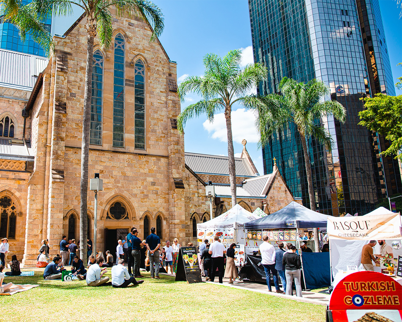 a brisbane market in front of a cathedral