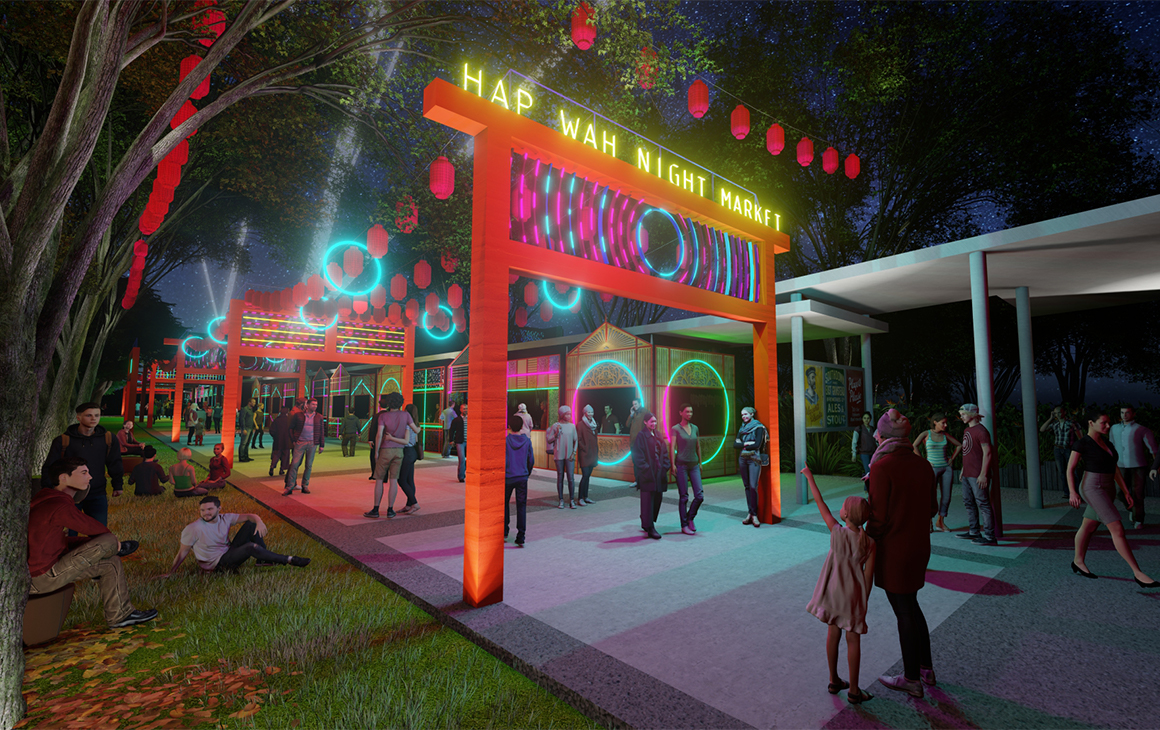 a render of a colourful night market