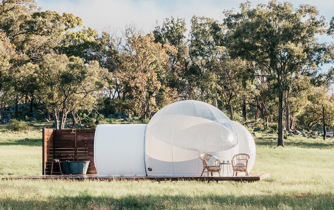 a bubble tent with an outdoor bath