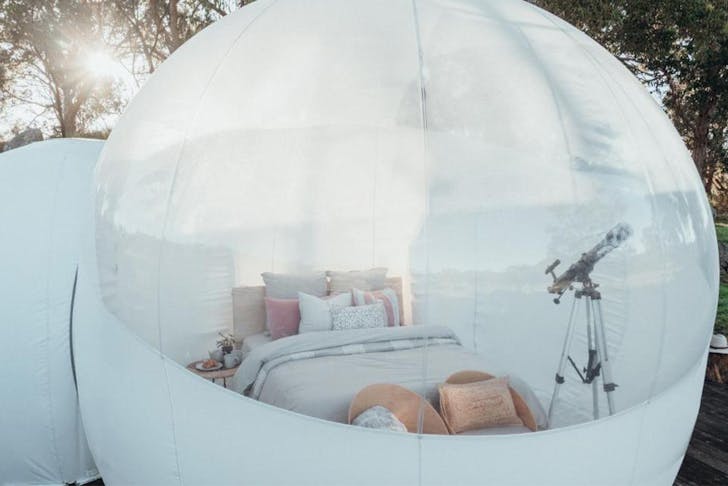looking into the bubble tent with a queen bed inside