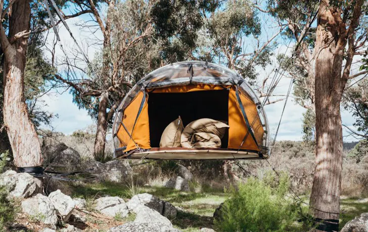 a small tent hung between trees