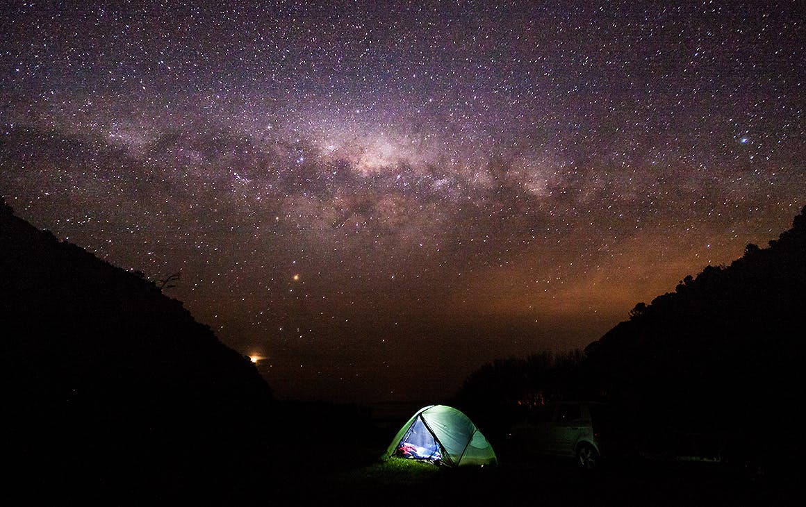 Camping under the starry sky, Aorangi Forest Park, Wairarapa, New Zealand.