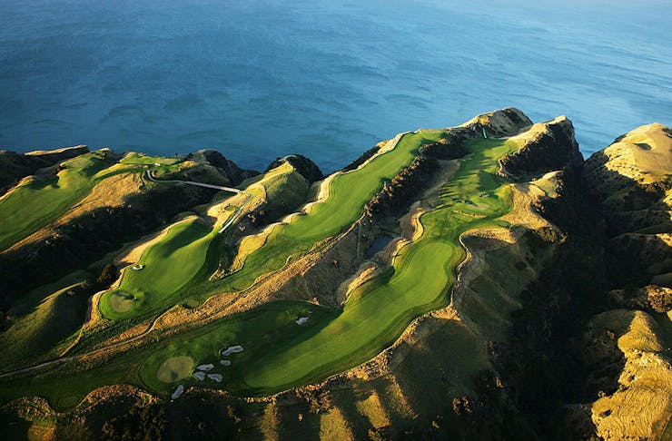 An aerial view of the entire course perched on the cliffs at Cape Kidnappers, on January 11, 2005, in Hawkes Bay, New Zealand. 