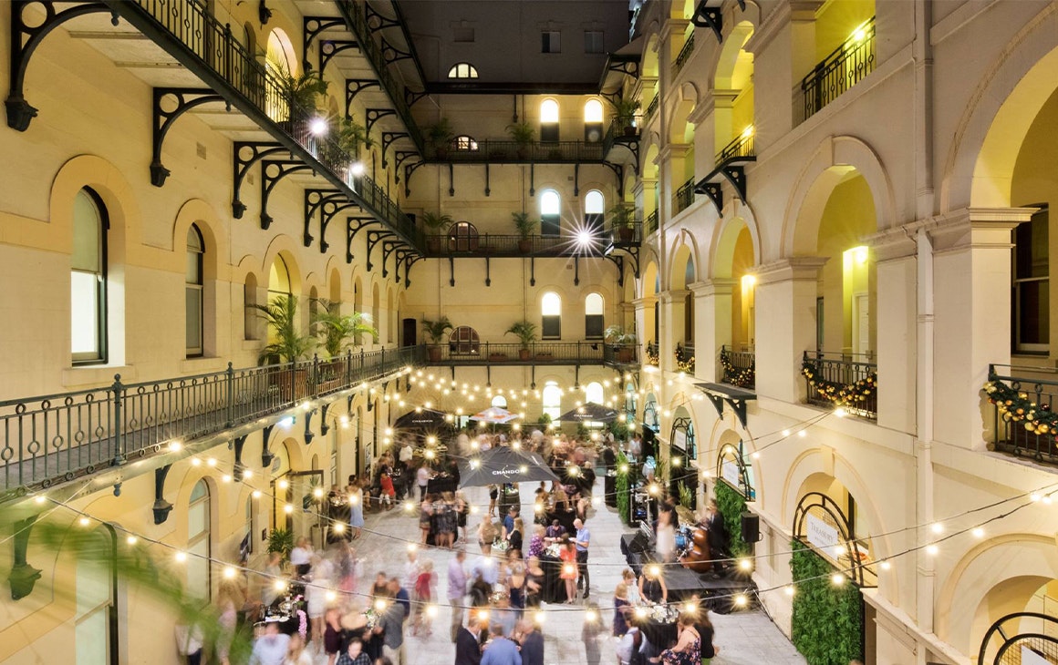 a large fairy lit courtyard