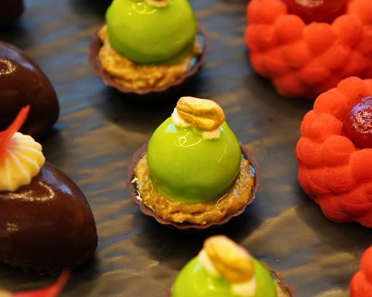 Row upon row of dainty colourful chocolates.