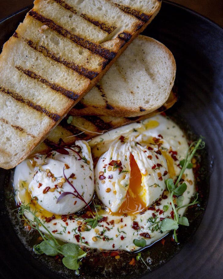 The Chop Shop Food Merchant's Turkish Eggs are to-die-for: brown butter sauce, dill, chilli, garlic yogurt served with grilled ciabatta.