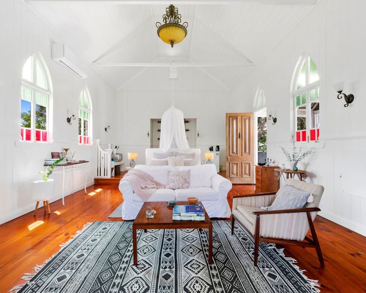 An interior view of The Tiny Church one of the best accommodation options in Maleny