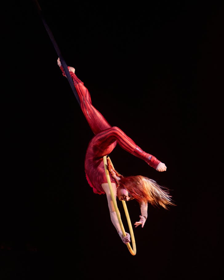 An acrobat hangs from a hoop at Cirque Du Soleil 
