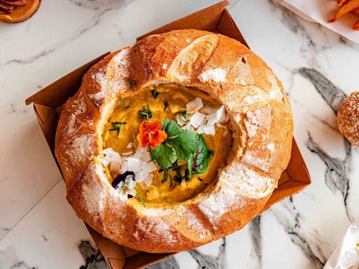 A vegan cob loaf served up from 7th Heaven Cafe in Sydney. 