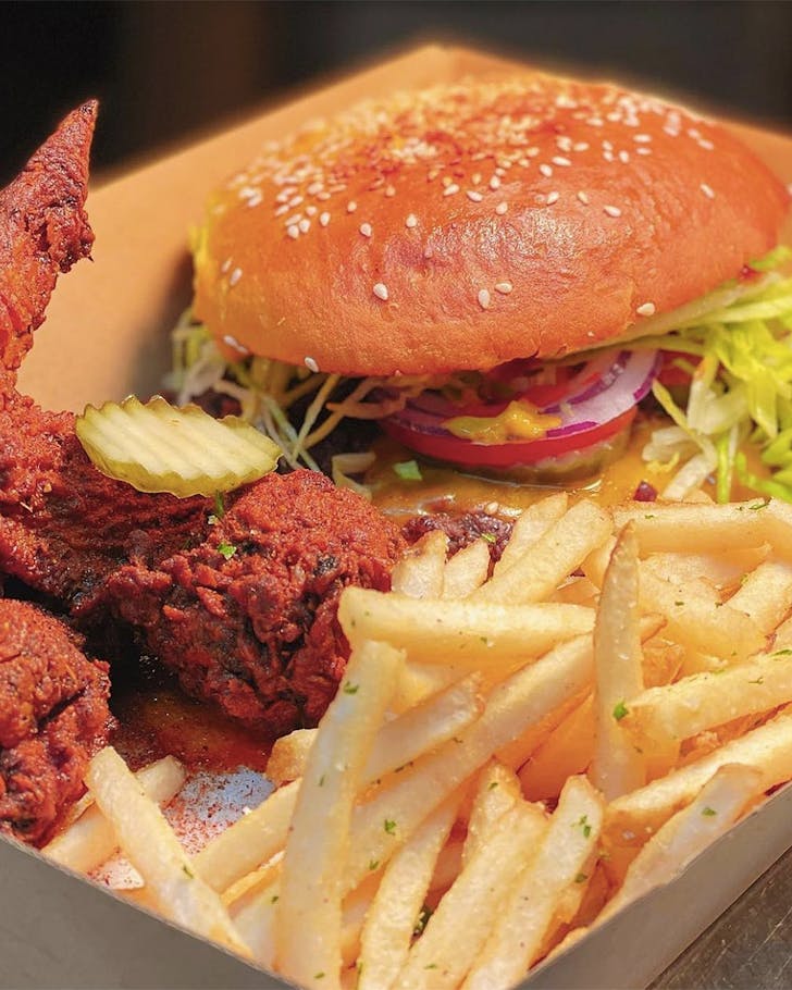 Takeaway only. One beef burg, one wing, one saaaawce and some fries.