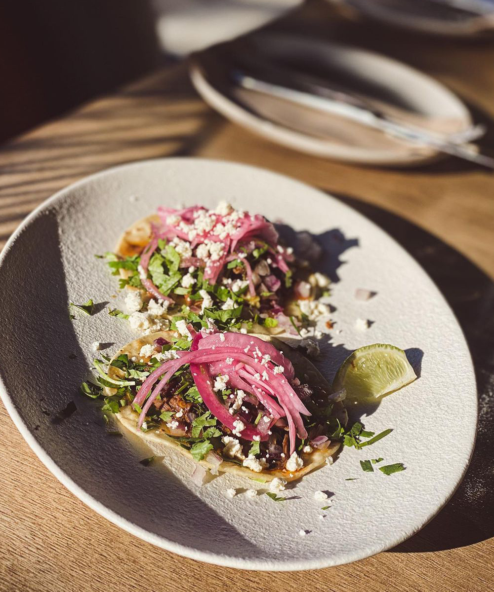 a gourmet taco with feta on top