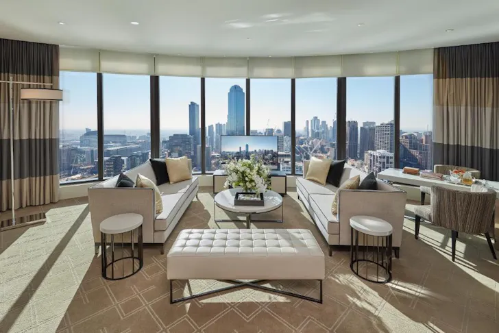 A view of the city from the dining space at Crown Towers one of the best luxury Melbourne hotels