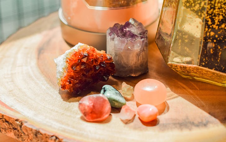 a collection of crystals on a bench