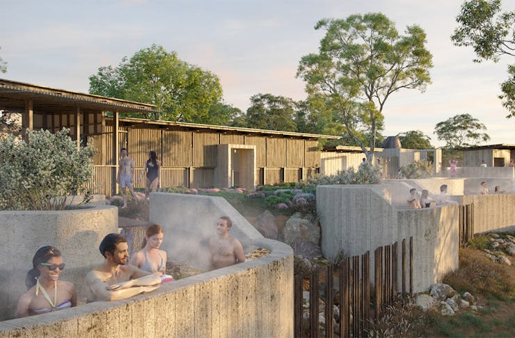 a render of the spa baths in the precinct, surrounded by gardens