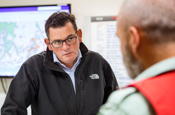 Victorian Premier Daniel Andrews meets with a worker wearing a The North Face Apex Bionic 2 Jacket.