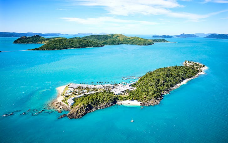 An aerial image of Daydream Island in the Whitsundays.