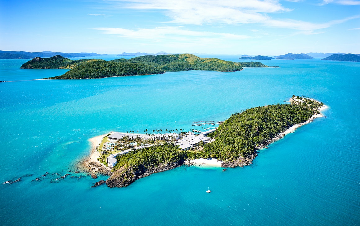 An aerial image of Daydream Island in the Whitsundays.