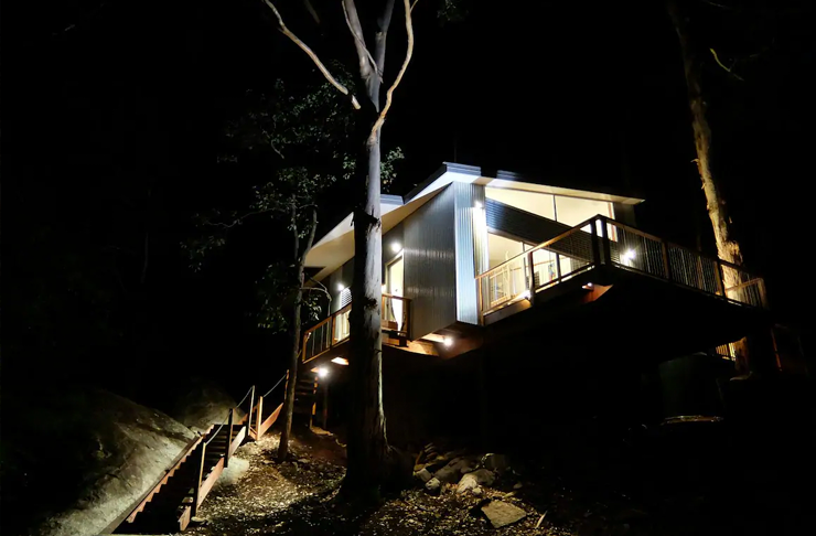 A treehouse between two gumtrees lit up at night.