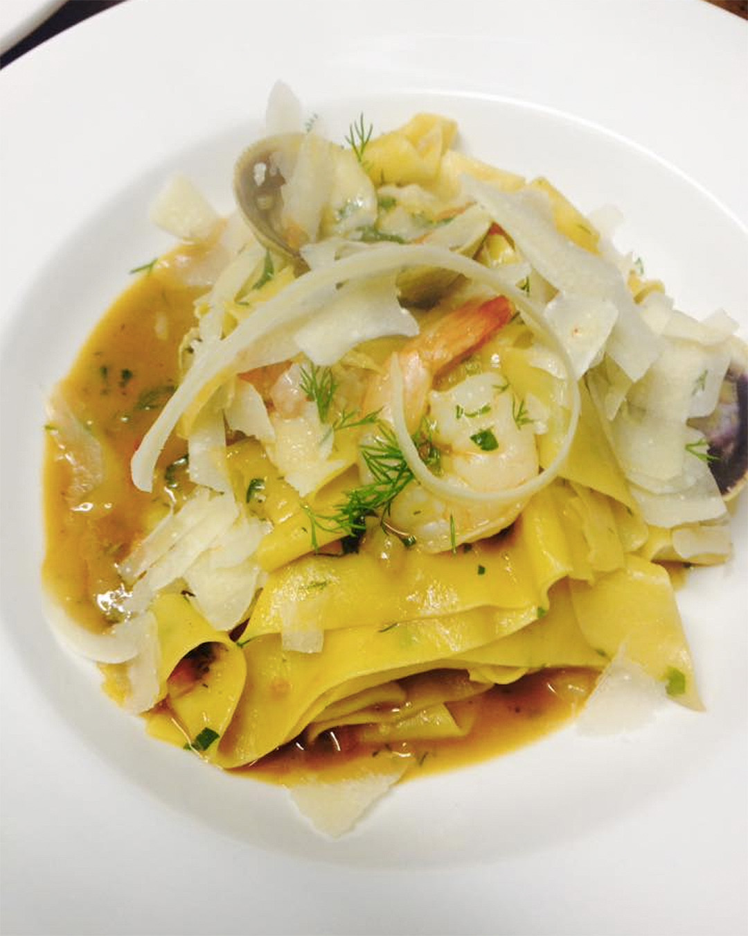 Clam and prawn pappardelle, crayfish sauce and shaved parmesan at DeVille cafe.