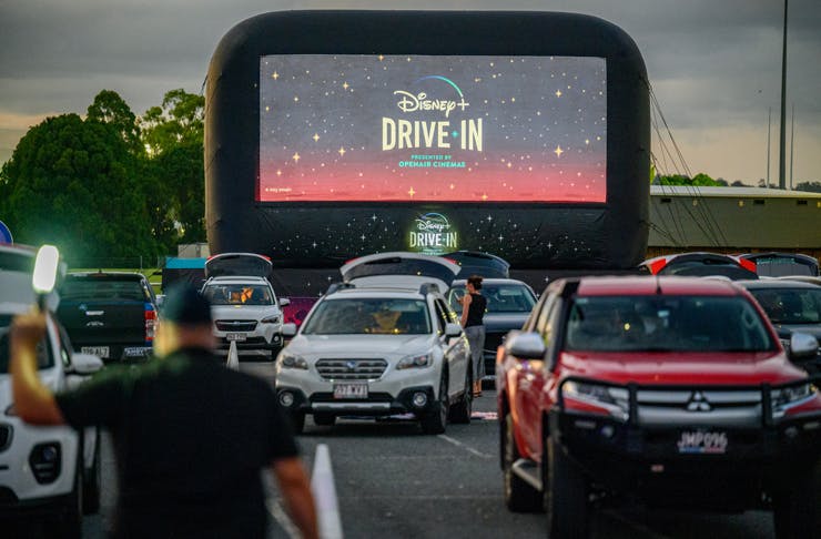 Cars parked up at the Disney drive in cinema in Sydney