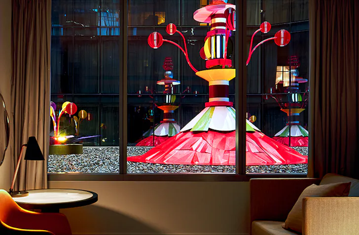 The view of the sculpture from the Diva Garden Suite at Dorsett Melbourne one of the best luxury Melbourne hotels