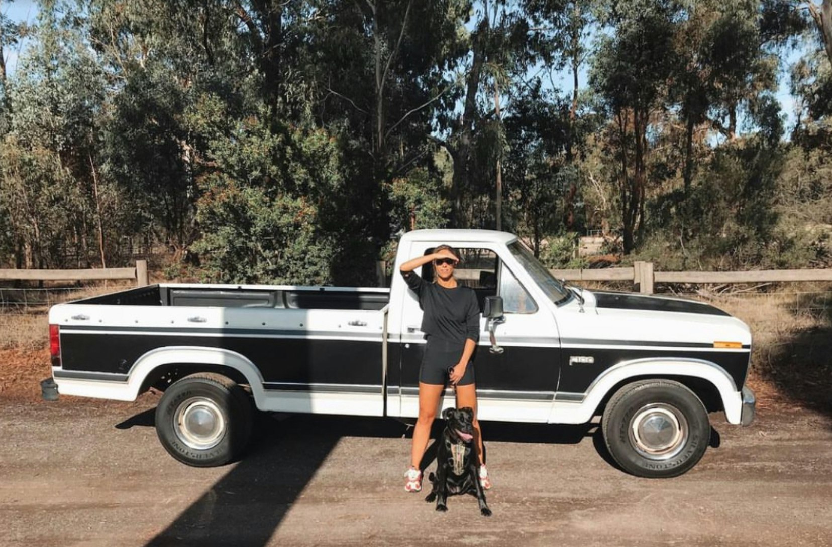 A person in front of a truck with their dog