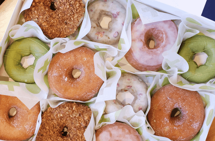 A dozen doughnuts in a row.