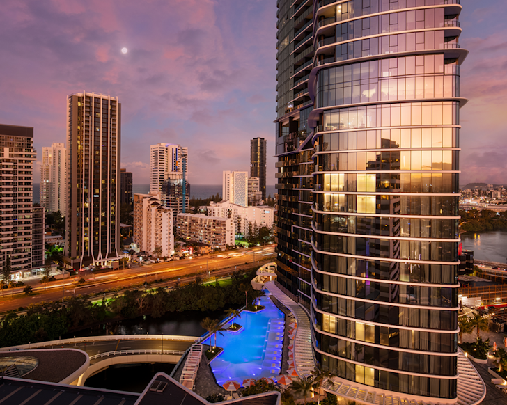 skyline view at sunset of dorsett gold coast best hotels