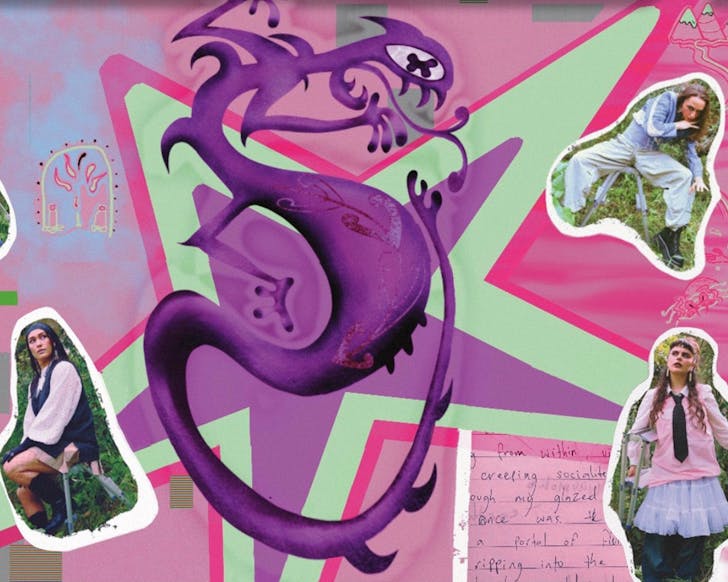 A colourful collage of media related to E ngaro ana koe? Including a purple taniwha centred.