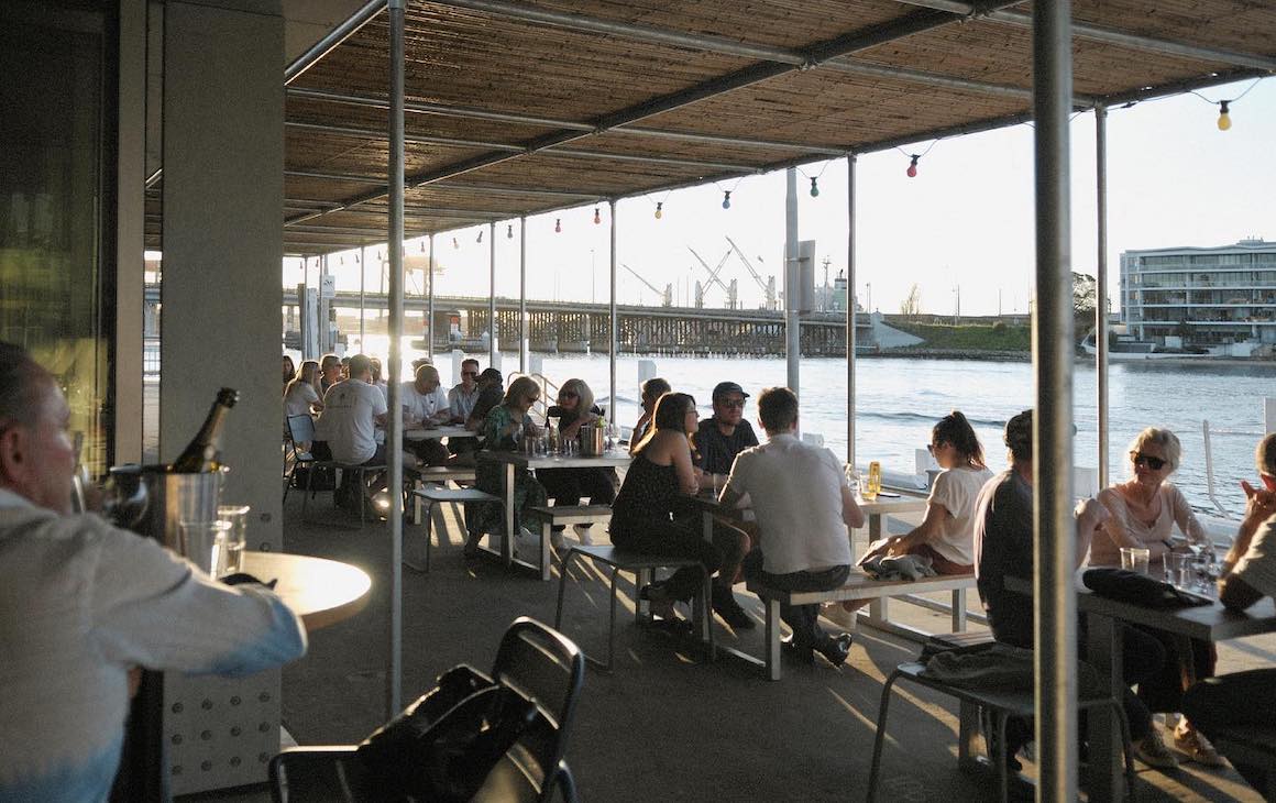 outdoor seating overlooking the port at Jetty Bar