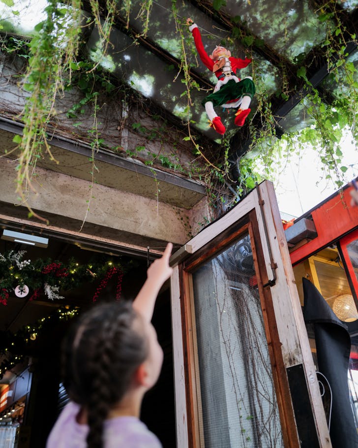 A young person points up toward an elf hanging from a plant-laden pavillion.