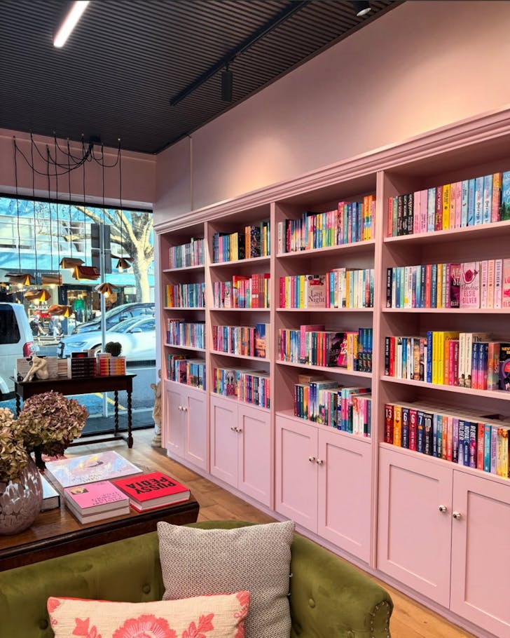 A delightful corner of Enamoured Booksâpink bookshelves and velvet green couch.