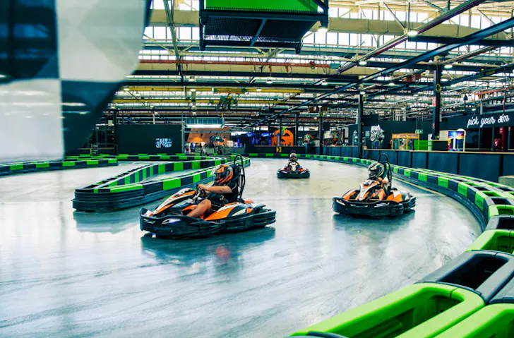 The bright green e-kart track at Entertainment Park, Sydney. 