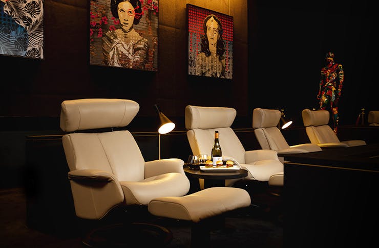 Plush white leather chairs at the Gallery in Event Cinemas Newmarket.