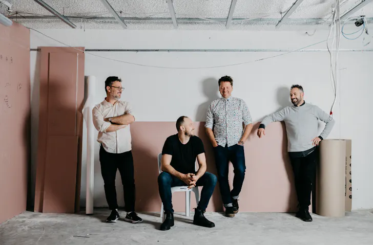 A portrait of Matt Swieboda, Nathanial Hatwell, Ragazzi head chef Scott McComas-Williams, and Cameron Birt of Fino Foods.