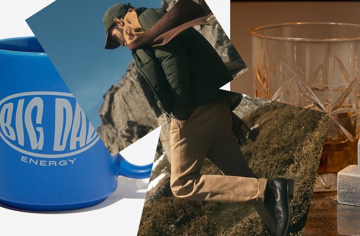 A collage featuring Father's Day gifts like a blue mug, a person in hiking gear, and a whisky glass. 