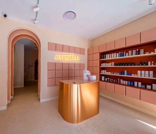 The peach pink entry room at Fayshell Bondi Junction
