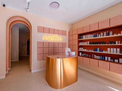 The peach pink entry room at Fayshell Bondi Junction