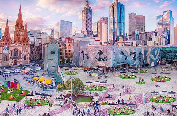 Fed Square covered in green grass.