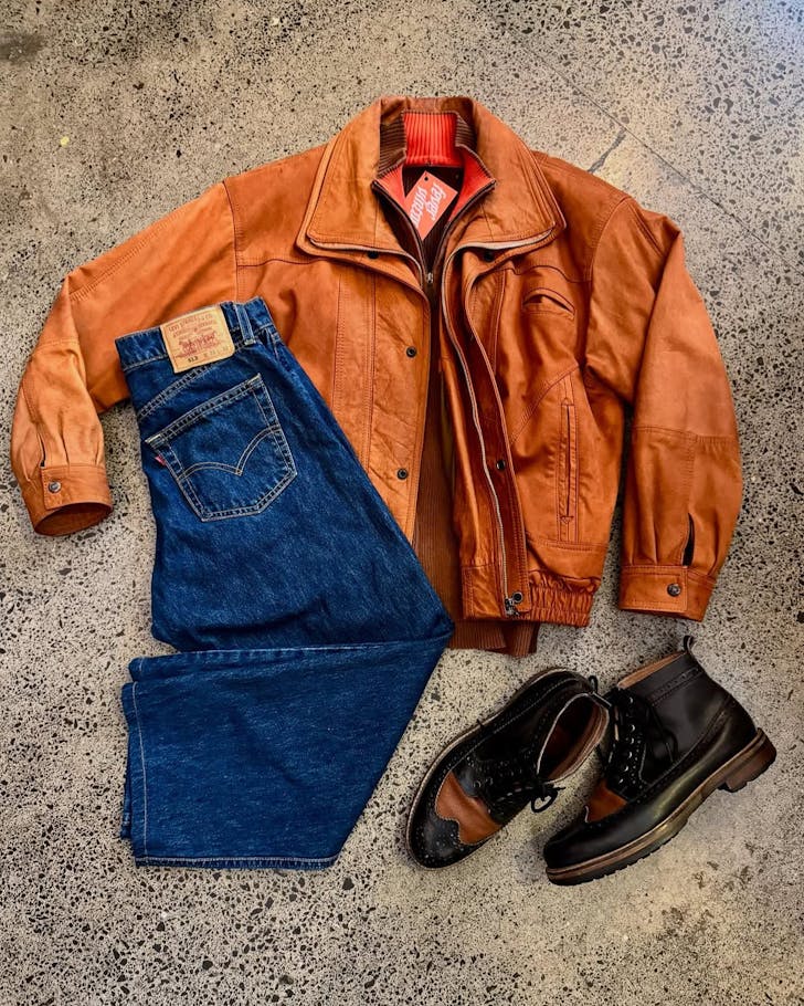 Vintage threads laid out on a polished concrete floor.