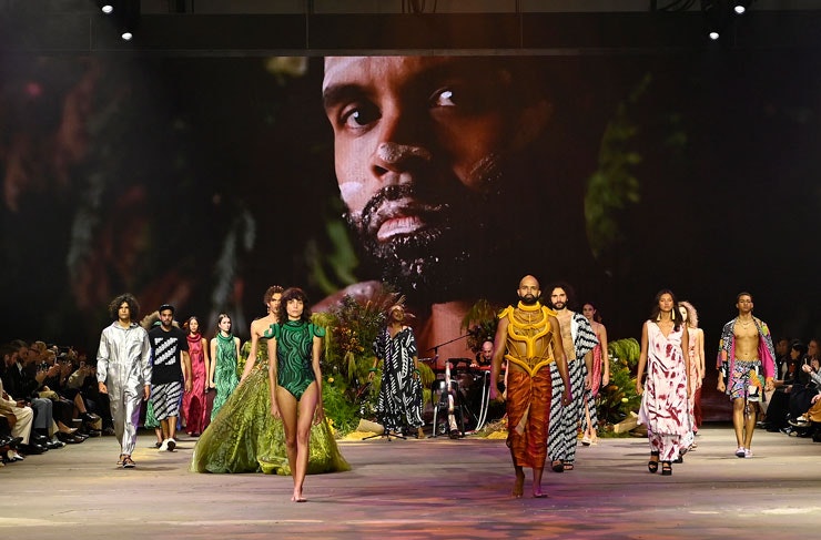 Models on the runway at the First Nations Fashion And Design presentation at Afterpay Australian Fashion Week. 
