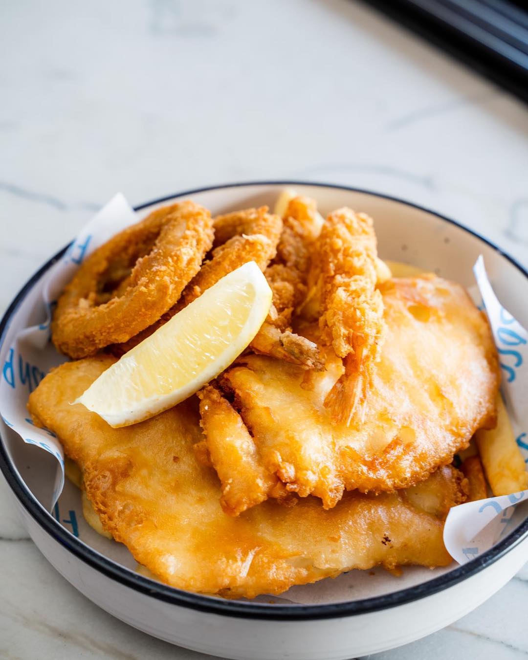 A bowl of fish and chips
