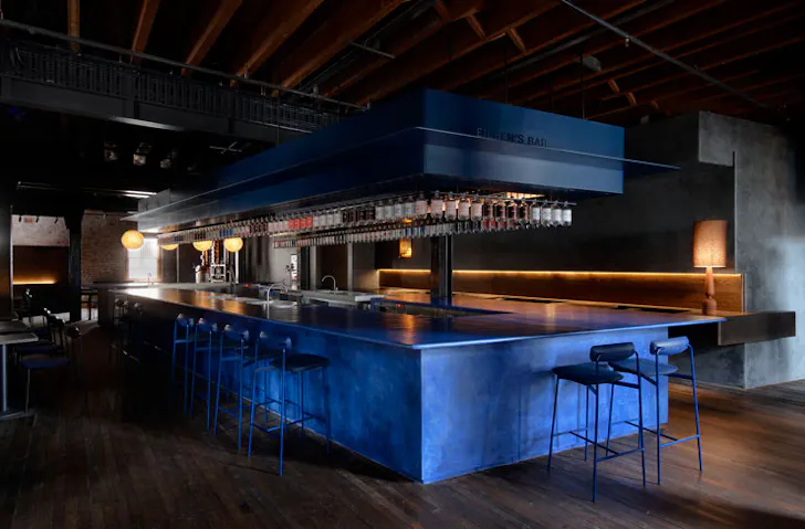 The juniper blue-coloured bar at Four Pillars Gin Laboratory in Sydney. 