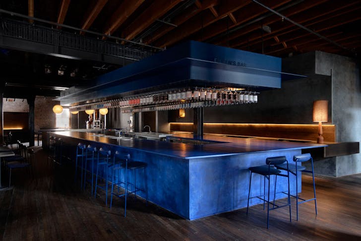 The juniper blue-coloured bar at Four Pillars Gin Laboratory in Sydney. 